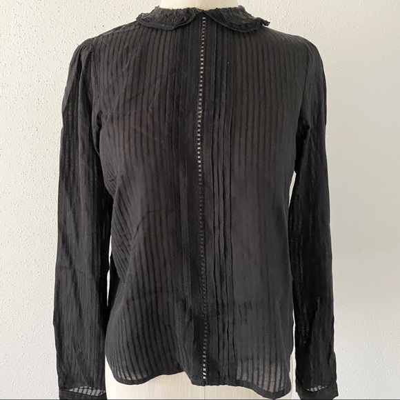 ZARA Woman Size Small Black Peter Pan Collar Chiffon Long Sleeve Blouse Crop Top - Picture 2 of 6
